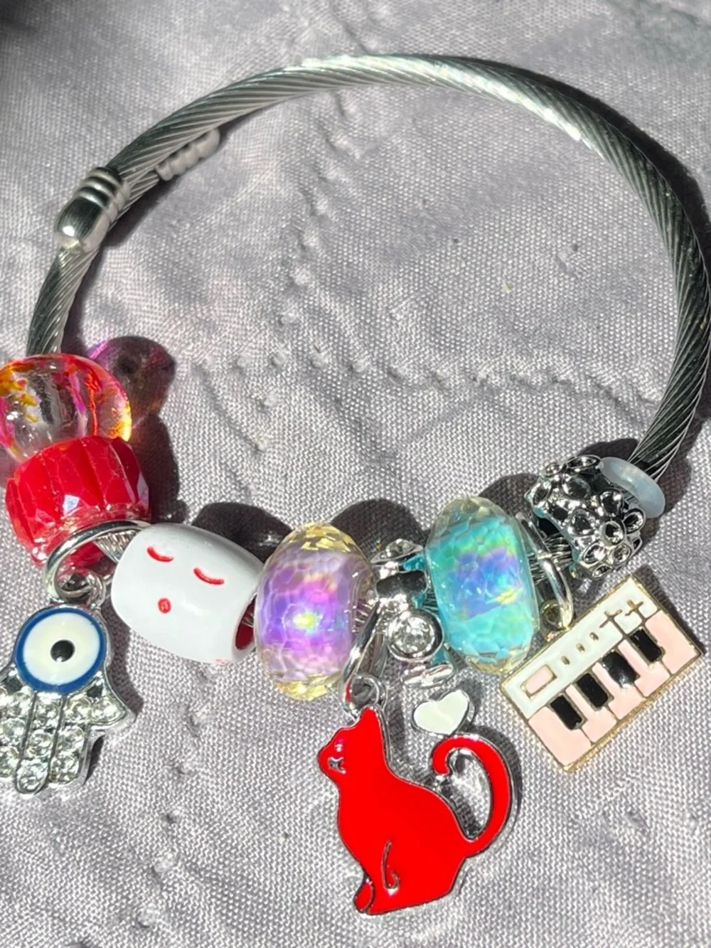 Kids Silver Charm Bracelet with Red Cat & Iridescent Beads